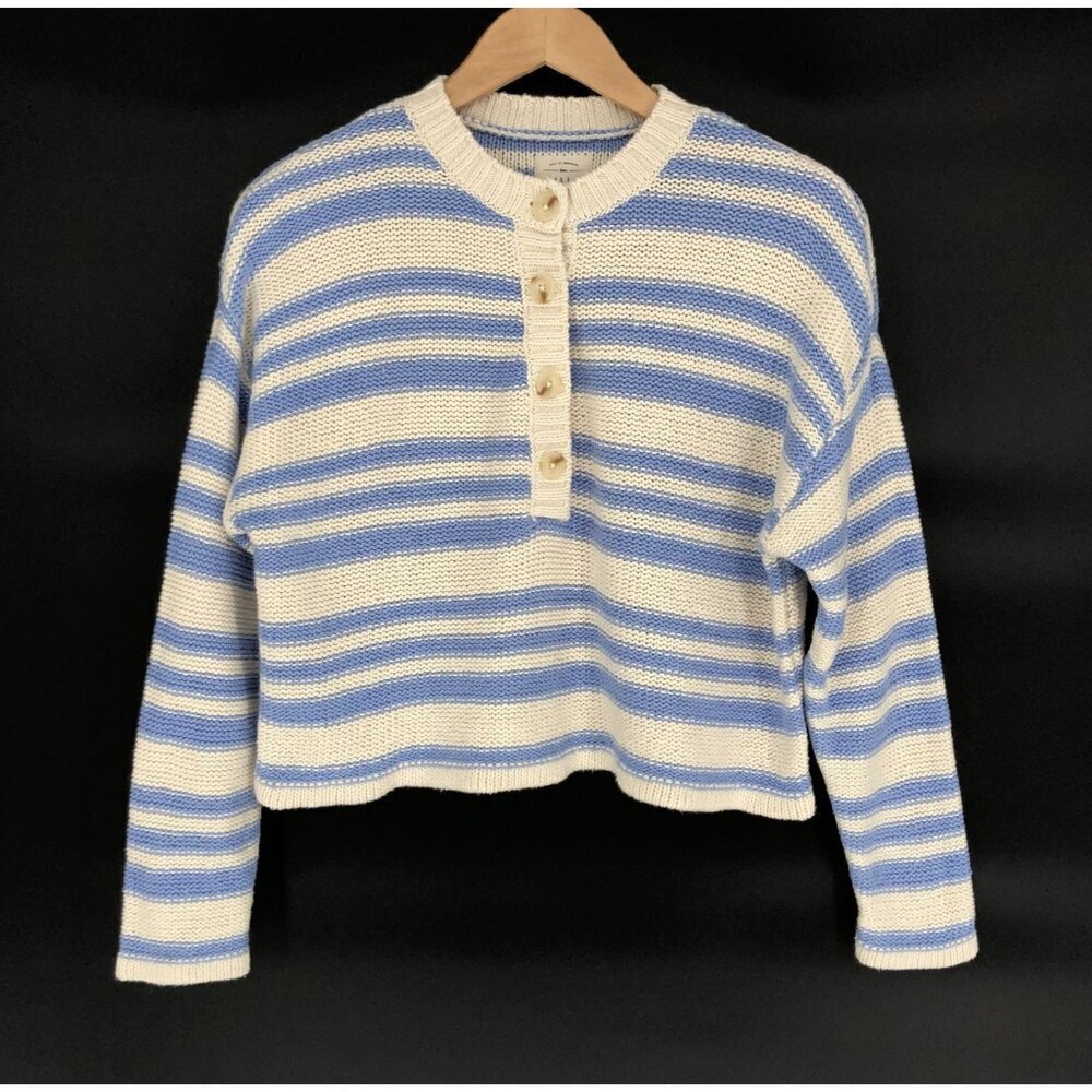 Billabong Blue and Cream Striped Cropped Henley Sweater